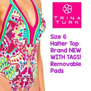 Trina Turk, Size 6, Swimsuit, One Piece, Bright Colorful, Plunge, Halter, NWT!